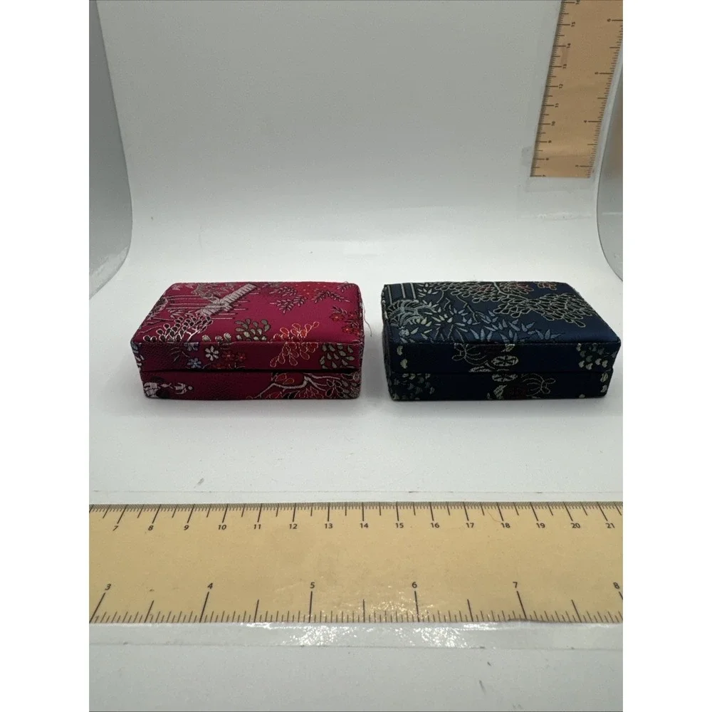 Set Of 2 Asian Ring Jewelry Box Compact Fabric Floral Portable - Rectangle